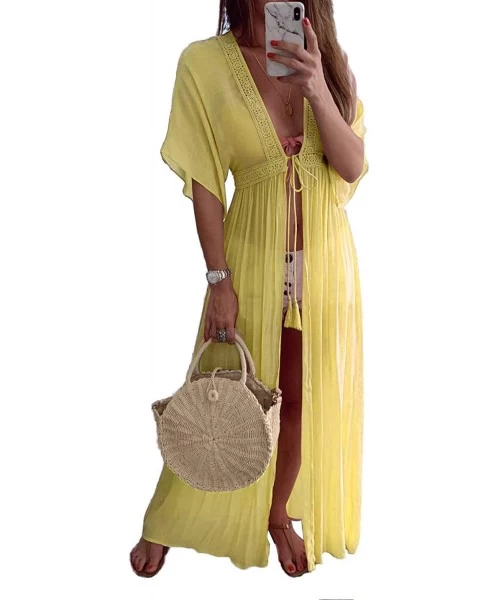 Cover-Ups Women's Chiffon Kimono Cardigan Lace Long Maxi Beach Dress Bikini Covers Up - Yellow - CR18RYOH0C6