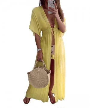 Cover-Ups Women's Chiffon Kimono Cardigan Lace Long Maxi Beach Dress Bikini Covers Up - Yellow - CR18RYOH0C6