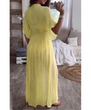 Cover-Ups Women's Chiffon Kimono Cardigan Lace Long Maxi Beach Dress Bikini Covers Up - Yellow - CR18RYOH0C6