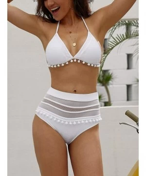 Sets Halter Tie Back High Waist Triangle Bikini Set-Tummy Control Swimsuit for Women - White - CB18OQTD02N