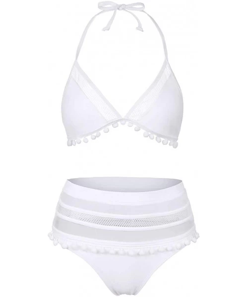 Sets Halter Tie Back High Waist Triangle Bikini Set-Tummy Control Swimsuit for Women - White - CB18OQTD02N