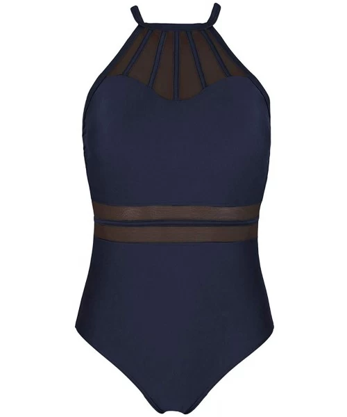 One-Pieces Women's High Neck Back Crisscross One Piece Swimsuit Bathing Suit - Navy - CY196U2DCK4