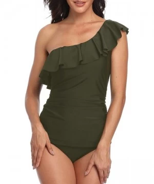 Tankinis Womens One Shoulder Slimming Tankini Swimsuit Ruffle Two Piece Swimwear Strapless Swim Suit - Army Green - CJ192SYE4GG