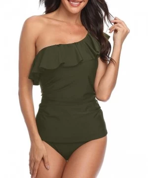 Tankinis Womens One Shoulder Slimming Tankini Swimsuit Ruffle Two Piece Swimwear Strapless Swim Suit - Army Green - CJ192SYE4GG