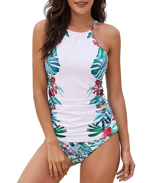 Sets Floral Print High Neck Tankini Tops with Short Swimwear Set S-2XL - A-white - CF18OSU3YE9