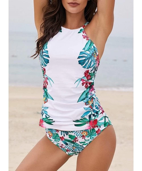 Sets Floral Print High Neck Tankini Tops with Short Swimwear Set S-2XL - A-white - CF18OSU3YE9