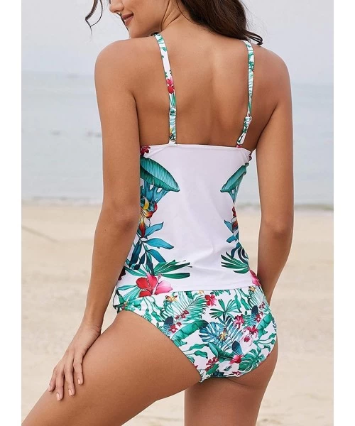 Sets Floral Print High Neck Tankini Tops with Short Swimwear Set S-2XL - A-white - CF18OSU3YE9