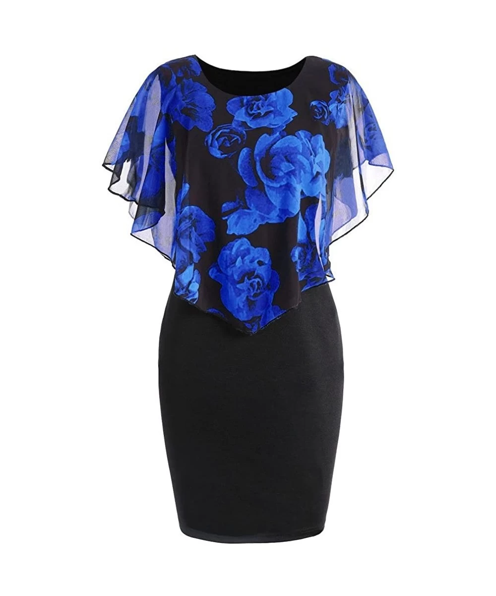 Cover-Ups Women's Elegant Print O-Neck Mini Party Dress Plus Size - Blue - CE18GG22O0H