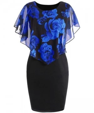 Cover-Ups Women's Elegant Print O-Neck Mini Party Dress Plus Size - Blue - CE18GG22O0H