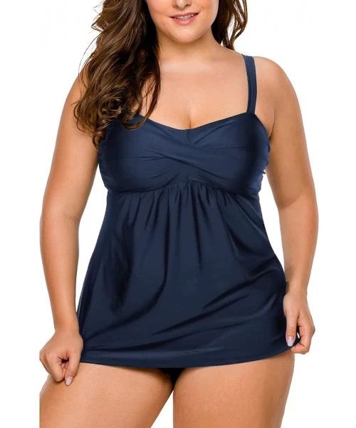 Tankinis Women's Straps Swimdress Plus Size Two Pieces Tankini Bikini Set - Dark Blue - C5189UDQ5XG