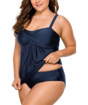 Tankinis Women's Straps Swimdress Plus Size Two Pieces Tankini Bikini Set - Dark Blue - C5189UDQ5XG