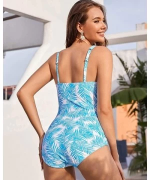 One-Pieces One Piece Swimsuits for Women - Soft and Colorful Floral Design - Blue Palm - CN18WSMZCU4