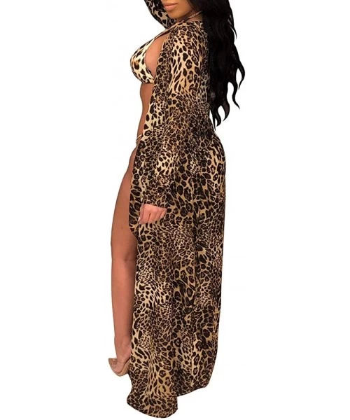 Sets Women 3 Piece Outfits Sexy Swimsuit Leopard Print Beach Suit Bikini+Cloak - Brown - C318Q4KXQ53