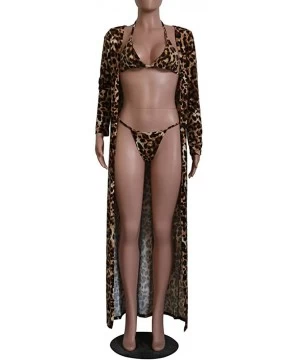 Sets Women 3 Piece Outfits Sexy Swimsuit Leopard Print Beach Suit Bikini+Cloak - Brown - C318Q4KXQ53