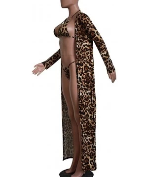 Sets Women 3 Piece Outfits Sexy Swimsuit Leopard Print Beach Suit Bikini+Cloak - Brown - C318Q4KXQ53