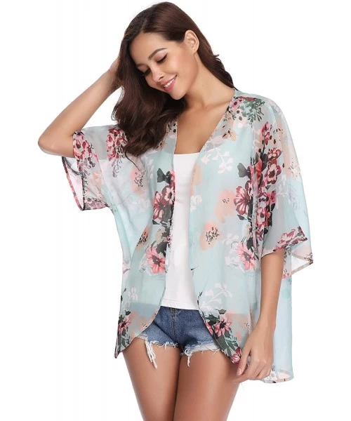 Cover-Ups Women 3/4 Sleeve Floral Chiffon Casual Loose Kimono Cardigan Capes - Green 3 - C618G83U985