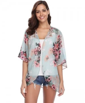 Cover-Ups Women 3/4 Sleeve Floral Chiffon Casual Loose Kimono Cardigan Capes - Green 3 - C618G83U985