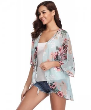 Cover-Ups Women 3/4 Sleeve Floral Chiffon Casual Loose Kimono Cardigan Capes - Green 3 - C618G83U985