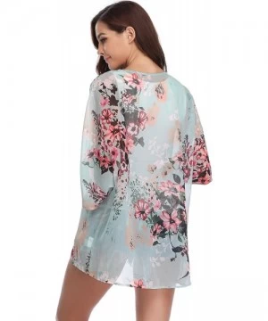 Cover-Ups Women 3/4 Sleeve Floral Chiffon Casual Loose Kimono Cardigan Capes - Green 3 - C618G83U985