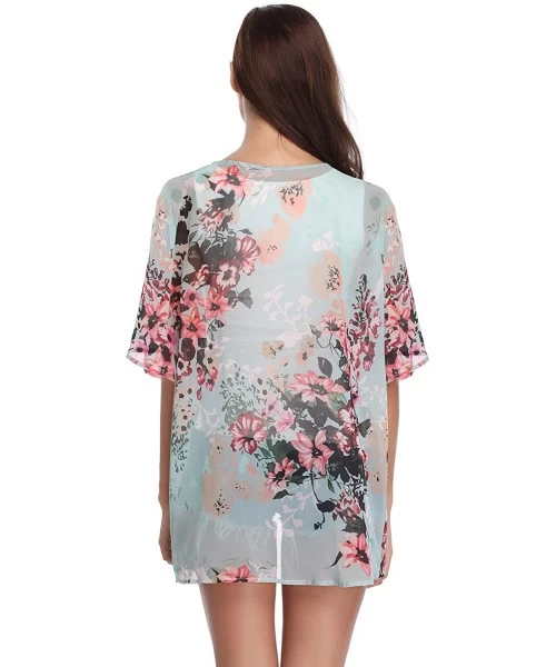 Cover-Ups Women 3/4 Sleeve Floral Chiffon Casual Loose Kimono Cardigan Capes - Green 3 - C618G83U985