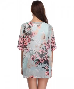 Cover-Ups Women 3/4 Sleeve Floral Chiffon Casual Loose Kimono Cardigan Capes - Green 3 - C618G83U985