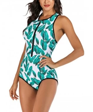 Rash Guards Women Sleeveless Striped Print Zip Front Rash Guard One Piece Swimsuit Athletic Swimwear - 2 Green - CS1943NIHNU