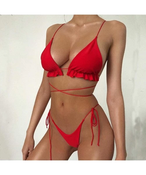 Sets Women's Swimwear Strappy Leopard Patchwork Backless Tie Side Mid Waist Swimsuit Bikinis Thong Suit Triangle Q red - CF19...