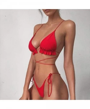 Sets Women's Swimwear Strappy Leopard Patchwork Backless Tie Side Mid Waist Swimsuit Bikinis Thong Suit Triangle Q red - CF19...