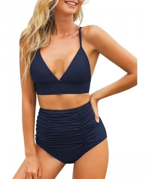 Bottoms Womens High Waisted Elastic Panel Bikini Tankini Swimsuit Bottom Briefs - R Dark Blue - C1193Z37LXC