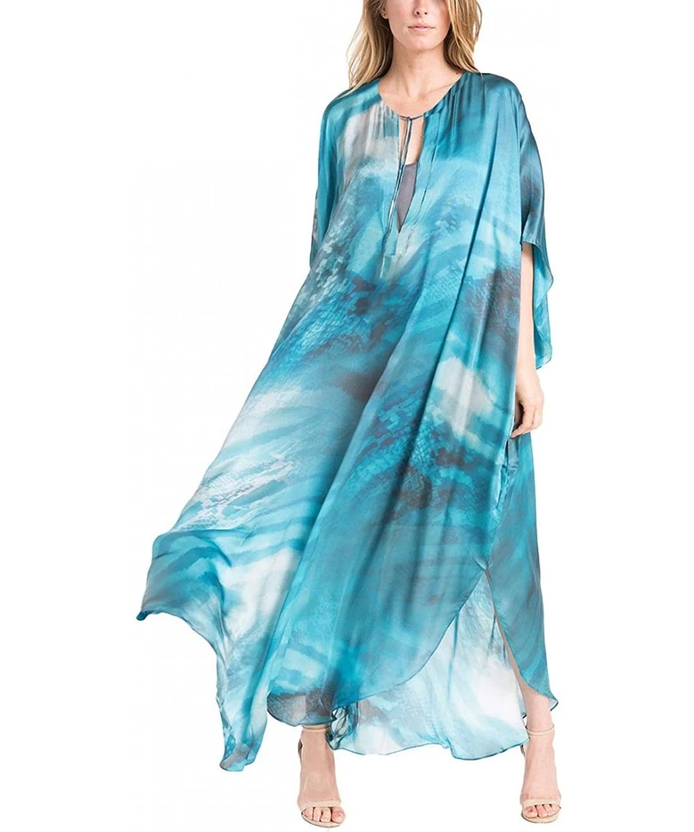 Cover-Ups Women's Print Turkish Kaftan Beachwear Bikini Cover Up Maxi Dress - Blue - CK198S2N4N8