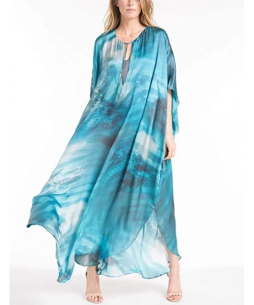 Cover-Ups Women's Print Turkish Kaftan Beachwear Bikini Cover Up Maxi Dress - Blue - CK198S2N4N8