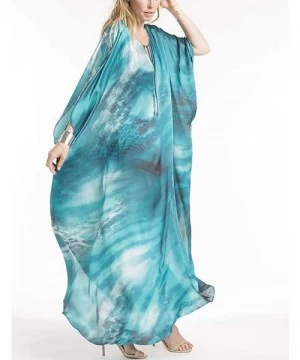 Cover-Ups Women's Print Turkish Kaftan Beachwear Bikini Cover Up Maxi Dress - Blue - CK198S2N4N8