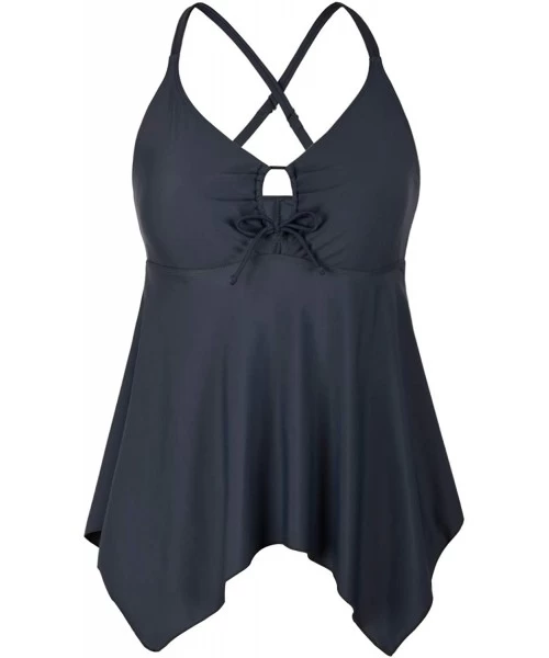 One-Pieces Women's Front Tie Swim Top Cross Back Tankini Top Flowy Swimdress Tummy Control - Grey - CJ18YZLLW5U