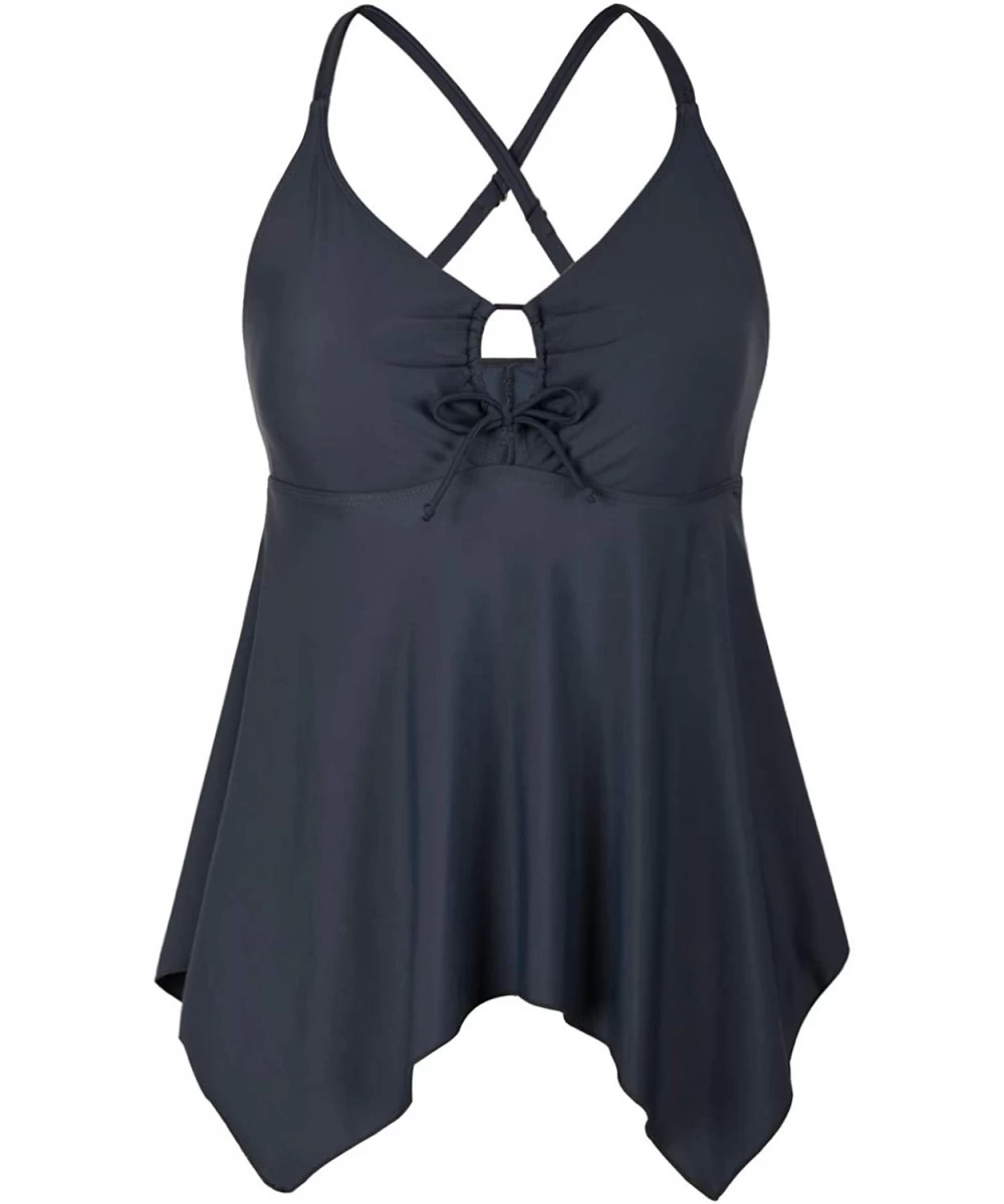 One-Pieces Women's Front Tie Swim Top Cross Back Tankini Top Flowy Swimdress Tummy Control - Grey - CJ18YZLLW5U