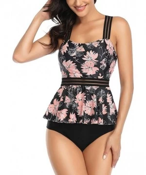 Sets Women's Tummy Control Swimwear Tankini Set Ruffled Swimsuit Swimdress Two Piece Bathing Suit - Black + Floral - CA194LNIZH9