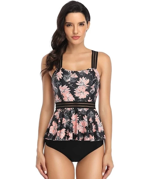 Sets Women's Tummy Control Swimwear Tankini Set Ruffled Swimsuit Swimdress Two Piece Bathing Suit - Black + Floral - CA194LNIZH9