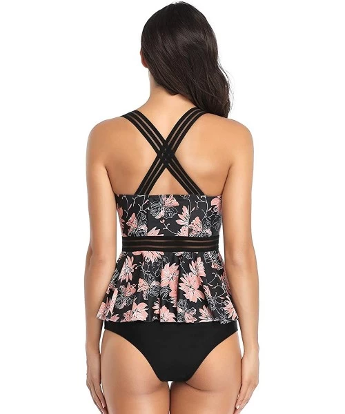 Sets Women's Tummy Control Swimwear Tankini Set Ruffled Swimsuit Swimdress Two Piece Bathing Suit - Black + Floral - CA194LNIZH9