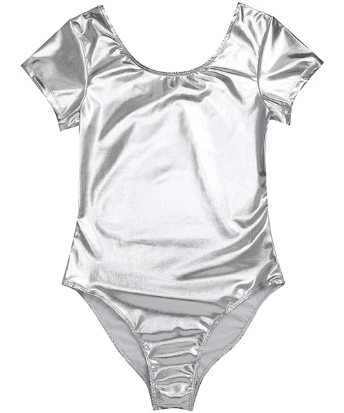 One-Pieces Women's Shiny Patent Leather Short Sleeve Gymnastic Dance Leotard Bodysuit - Silver - CC188YWNXU3