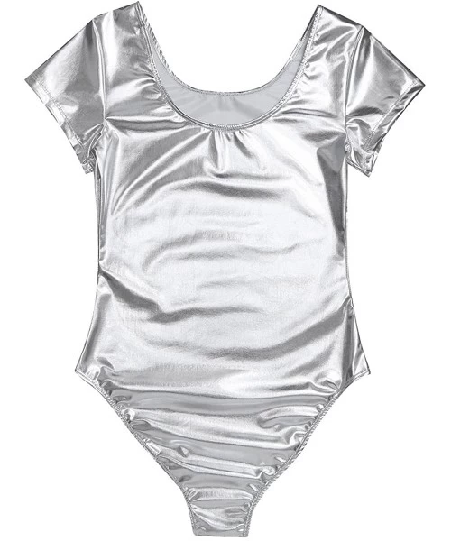 One-Pieces Women's Shiny Patent Leather Short Sleeve Gymnastic Dance Leotard Bodysuit - Silver - CC188YWNXU3