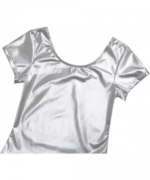 One-Pieces Women's Shiny Patent Leather Short Sleeve Gymnastic Dance Leotard Bodysuit - Silver - CC188YWNXU3