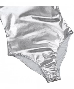 One-Pieces Women's Shiny Patent Leather Short Sleeve Gymnastic Dance Leotard Bodysuit - Silver - CC188YWNXU3