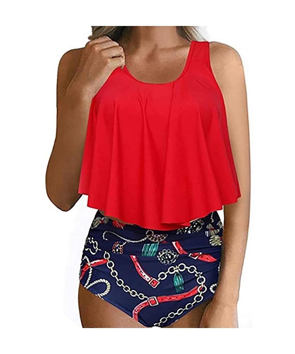 Rash Guards Swimsuit for Women Two Pieces Top Ruffled Backless Racerback with High Waisted Bottom Tankini Set - M2-red - CO18...