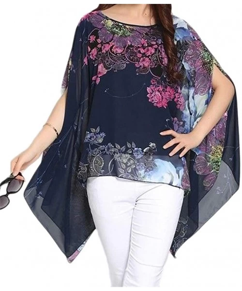 Cover-Ups Women's Chiffon Caftan Poncho Tunic Top Cover up Shirt Scarf Top PP-A00 - A-blue - CO11ZN6GXAX