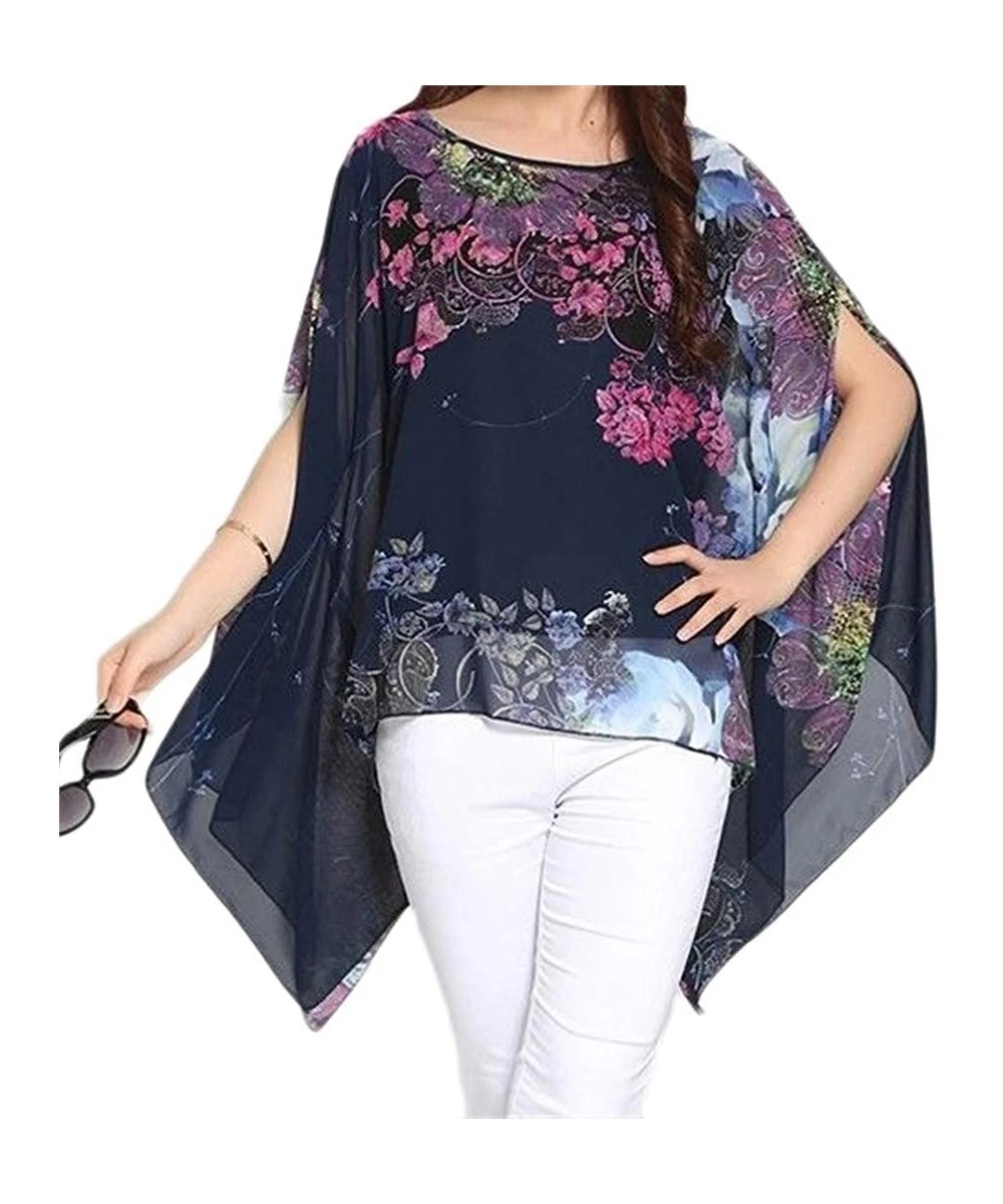 Cover-Ups Women's Chiffon Caftan Poncho Tunic Top Cover up Shirt Scarf Top PP-A00 - A-blue - CO11ZN6GXAX