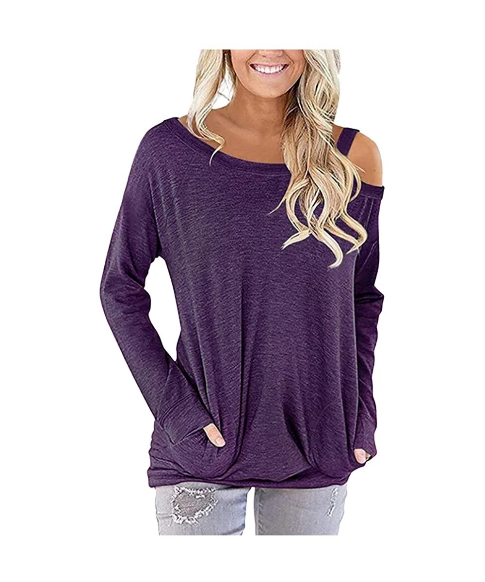 Tops Womens Casual Color Block Long Sleeve Round Neck Pocket T Shirts Blouses Sweatshirts Loose Tops - Purple - CV1953TRL03