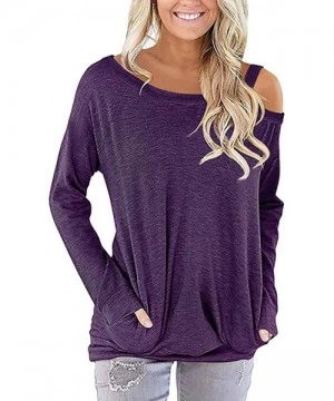 Tops Womens Casual Color Block Long Sleeve Round Neck Pocket T Shirts Blouses Sweatshirts Loose Tops - Purple - CV1953TRL03