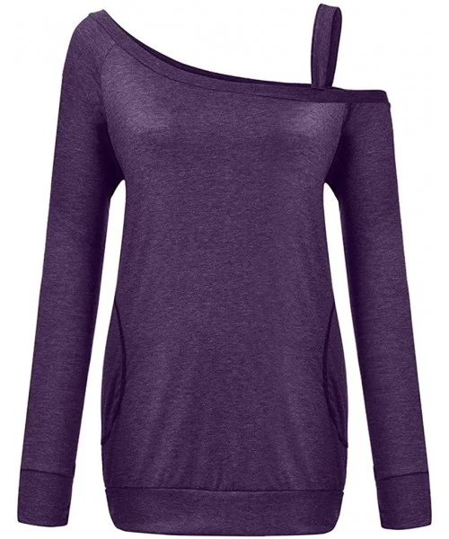 Tops Womens Casual Color Block Long Sleeve Round Neck Pocket T Shirts Blouses Sweatshirts Loose Tops - Purple - CV1953TRL03