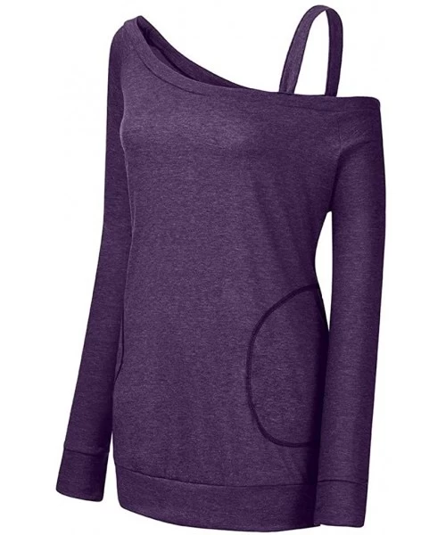 Tops Womens Casual Color Block Long Sleeve Round Neck Pocket T Shirts Blouses Sweatshirts Loose Tops - Purple - CV1953TRL03