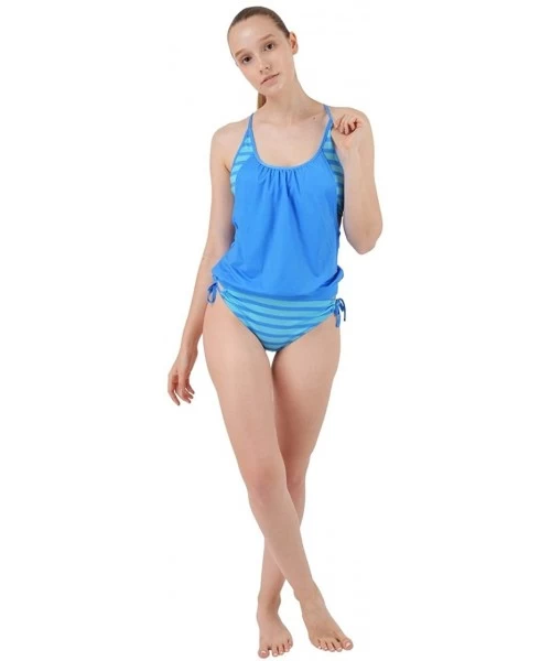 Tankinis Womens Lined Up Tankini Top with Panty Two Pieces Swimsuit Swimwear Set- XS-3XL - Ocean Blue Stripes - CJ182MNSHWK