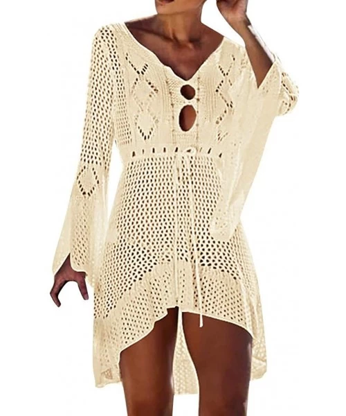 Cover-Ups Women's Asymmetrical Hollow Lace Beach Bikini Cover up Dress Bathing Suit Crochet Hollow Out Swimsuit - Beige - CK1...